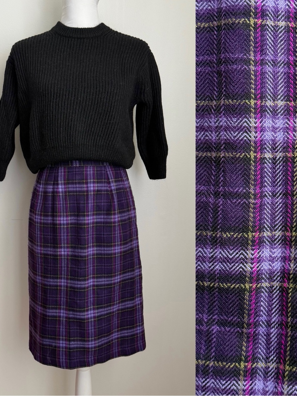 Vintage 100% Acrylic Purple Plaid Straight Skirt, 27.5-29" Waist, Medium